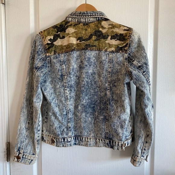YaYa Club Stonewash Denim Jacket w/ Camouflage Print women's S jean retro boho - Picture 2 of 16